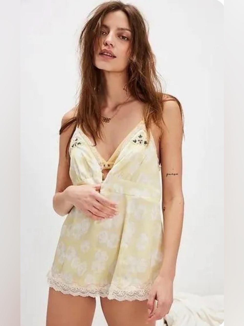 Free People Intimately Lemon Custard Yellow Floral Cami Tank Top Embroidery NWOT